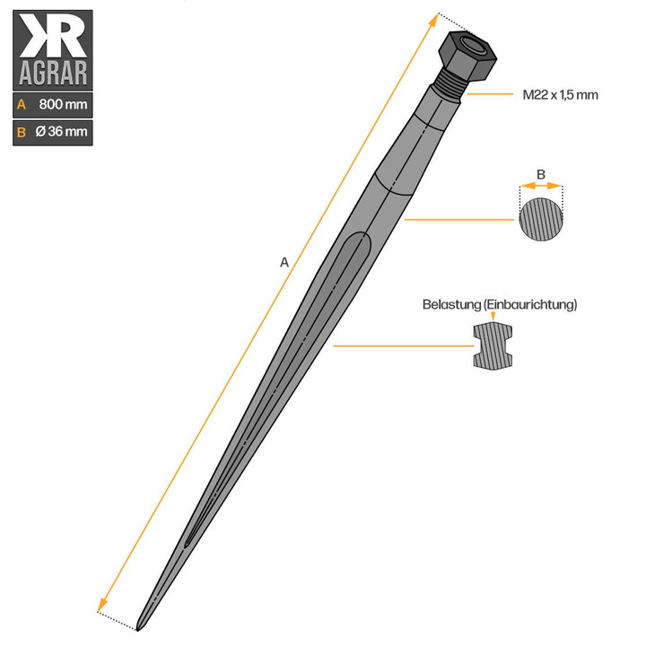Frontladerzinken | 800 mm | M22 Gewinde | Grossballenzinken | Zinken | Frontladerspiess | Ballenspie