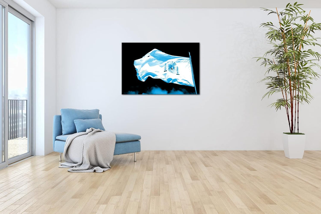 deyoli Spanische Flagge im Wind Format 80x60 Effekt: Monocrome Blau als Leinwandbild, Motiv fertig g
