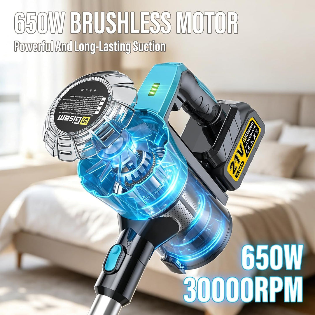 Gisam Akku Staubsauger Kabellos 55000 Pa/650W/70Min, Bürstenloser Motor Mit DREI verschiedenen Bürst