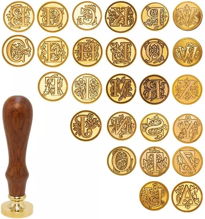 JasCherry Wachs Siegel Stempel Set, Alphabet Initialen Siegel Stempelkopf Kupfer mit 2 Holzgriff, Cl