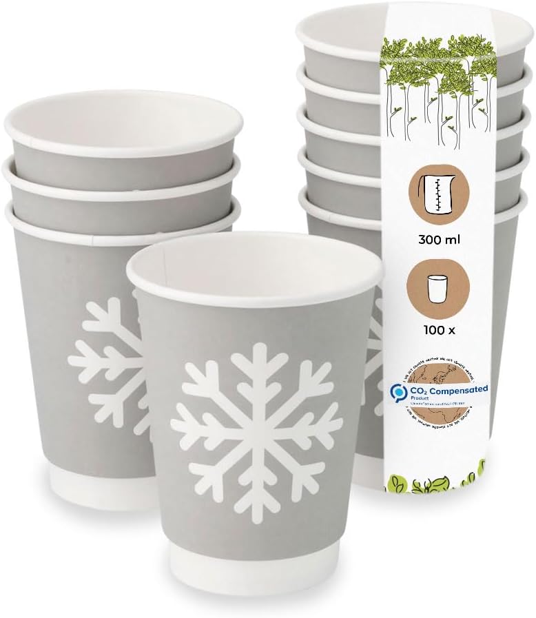 BIOZOYG 100 Stück graue, doppelwandige Pappbecher Wintermotiv 'Schneeflocke' 300 ml / 12 oz | umwelt