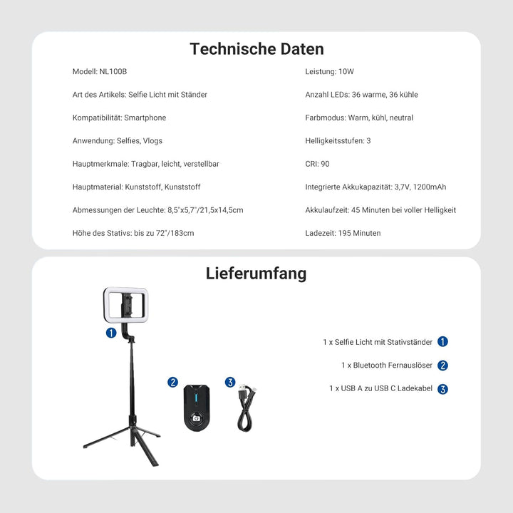NEEWER Basics 10W Selfie Licht mit Stativ, 1200mAh LED Quadrat Ringlicht, 72" Selfie Stick Handyhalt