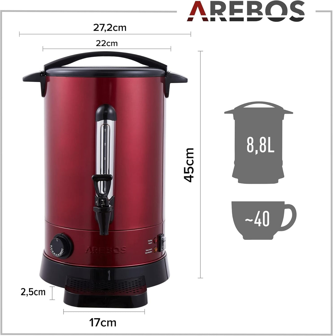 Arebos Glühweinkocher 950 W | Heissgetränkespender | 8,8 L | mit Auffangschale, Auslasshahn, Thermos