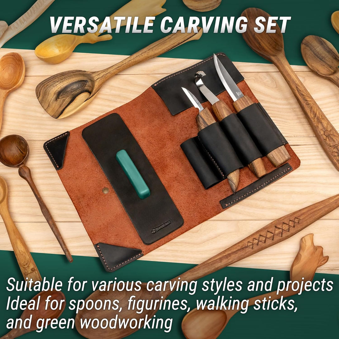 BeaverCraft Deluxe S13X Holzschnitzmesser-Set zum Holzschnitzen 3 Messer in einer Ledertasche mit Po