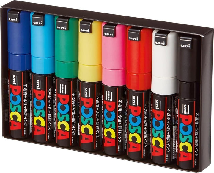 uni-ball 182608 - POSCA Marker mit breiter Keilspitze, 8er Set, Grundfarben 8er Set - Grundfarben, 8