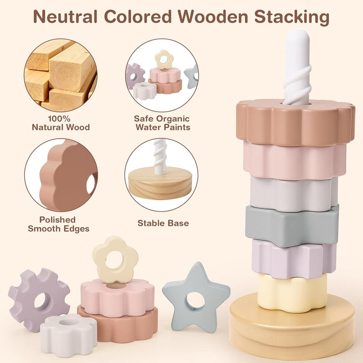 Joyreal Stapelturm Baby Holz - Stapelspiel Montessori Spielzeug ab 1 2 Jahr, Stapelringe Holzspielze