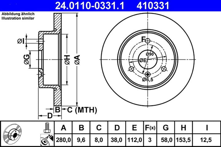 ATE Original Bremsscheibe - 2 Bremsscheiben - 24.0110-0331.1 - ECE-R90 Strassenzulassung Single, Sin