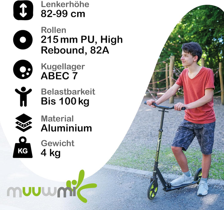 muuwmi Aluminium Scooter Pro – Tretroller, 215 mm, ABEC 7, für Kinder und Erwachsene, GS-geprüft, hö