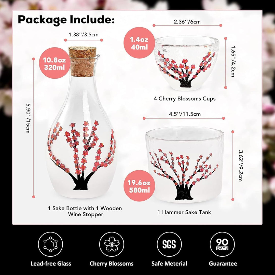 DUJUST Japanisches Sake-Set für 4, Handcrafted Pink Cherry Blossoms Design, 1 Sake-Flasche, 1 Sake-B