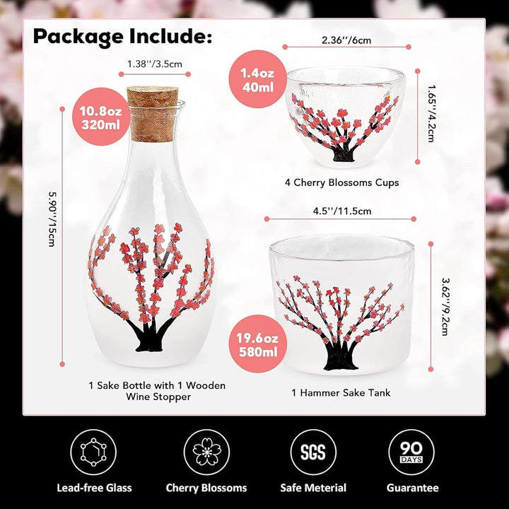 DUJUST Japanisches Sake-Set für 4, Handcrafted Pink Cherry Blossoms Design, 1 Sake-Flasche, 1 Sake-B