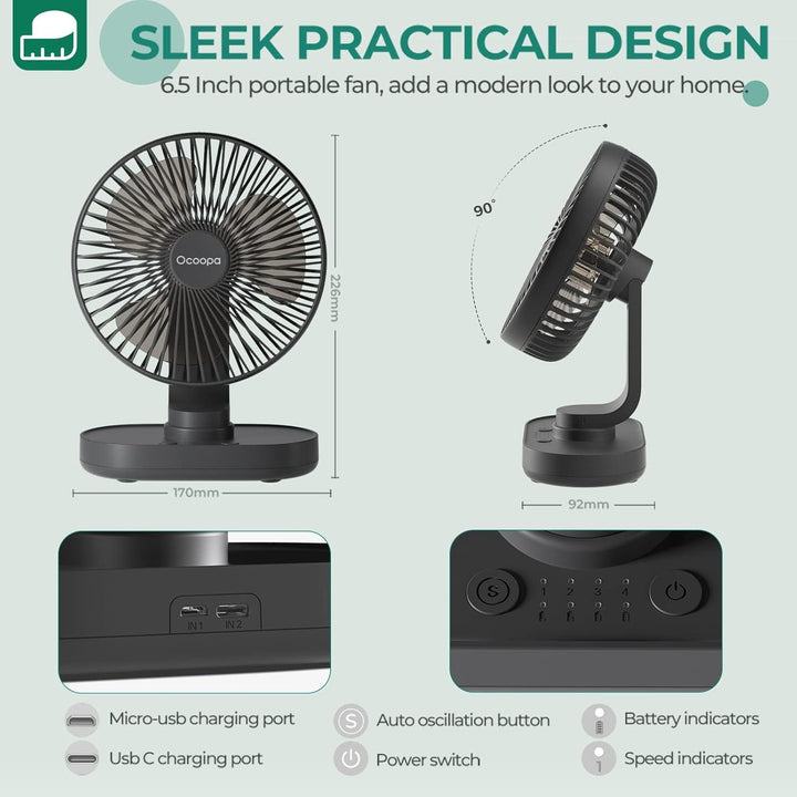 OCOOPA Ventilator Automatisch Oszillierend Leise 30db, 4000mAh Akku und USB Tischventilator mit Star