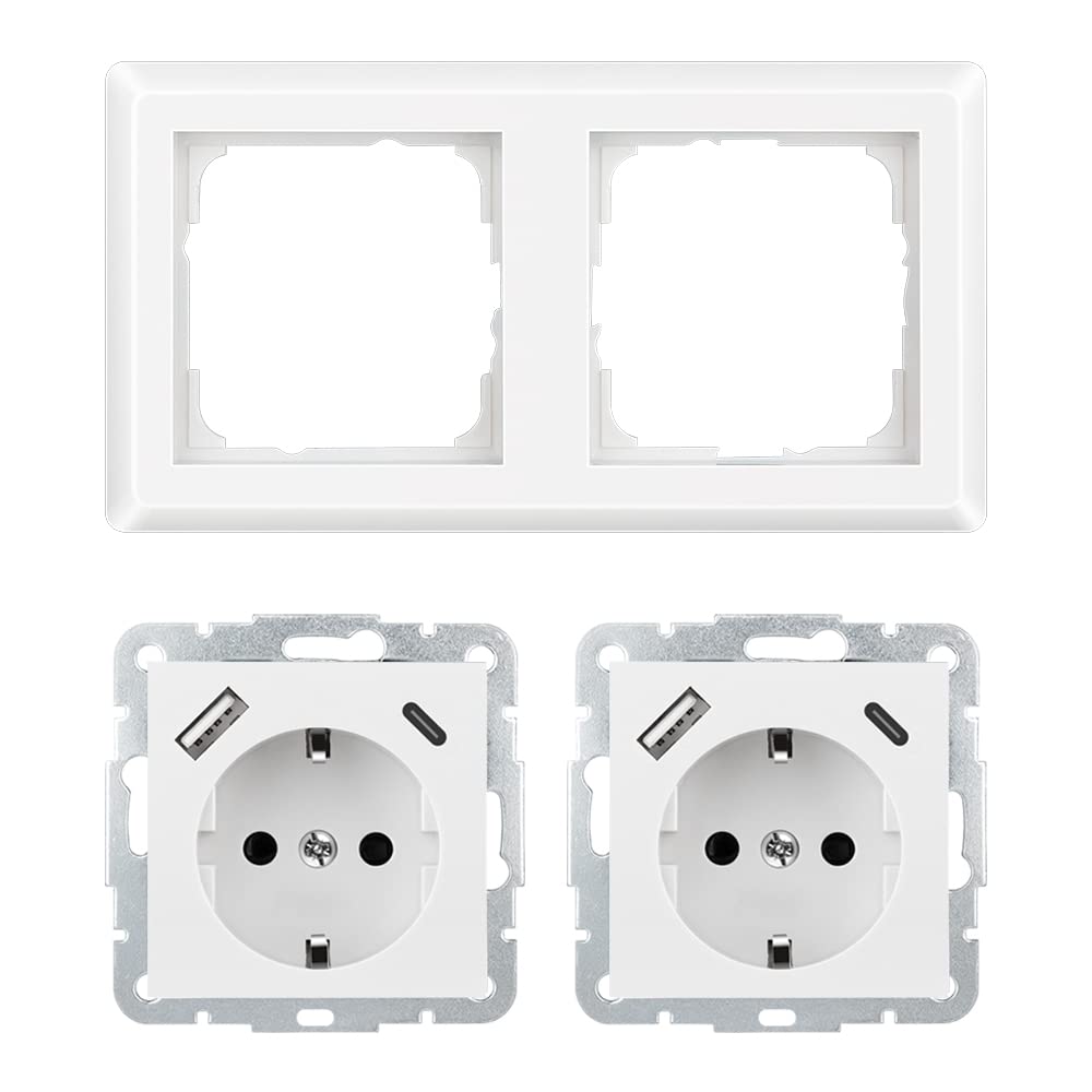 Kaifire Doppelsteckdose mit 2 USB Ladegerät und 2 Typ C, Schuko USB Steckdose Unterputz System 55 Re