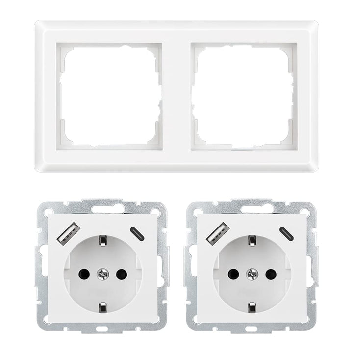 Kaifire Doppelsteckdose mit 2 USB Ladegerät und 2 Typ C, Schuko USB Steckdose Unterputz System 55 Re