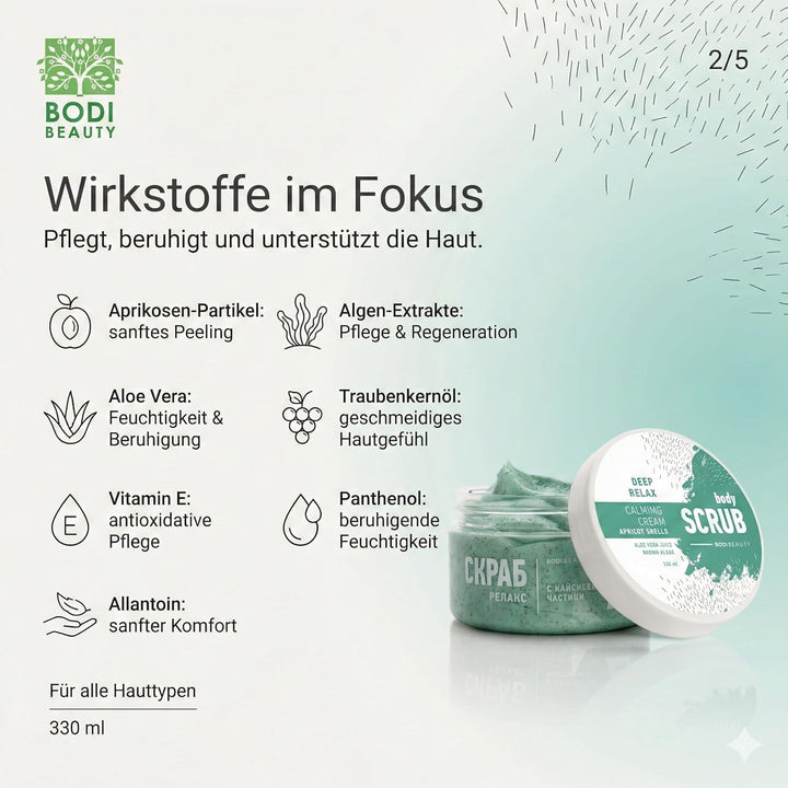 Aprikose Body Scrub & Körperpeeling Deep Relax 330 ml – Aprikosenkern, Algenextrakt, Aloe Vera, Trau