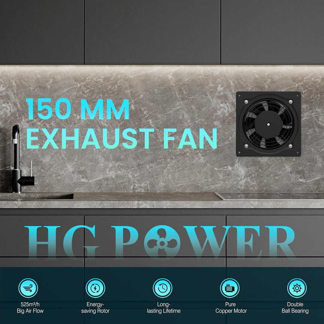 HG Power Abluftventilator 150mm - Badlüfter Leiser mit Rücklaufklappe, Geschwindigkeitsregler, Steck