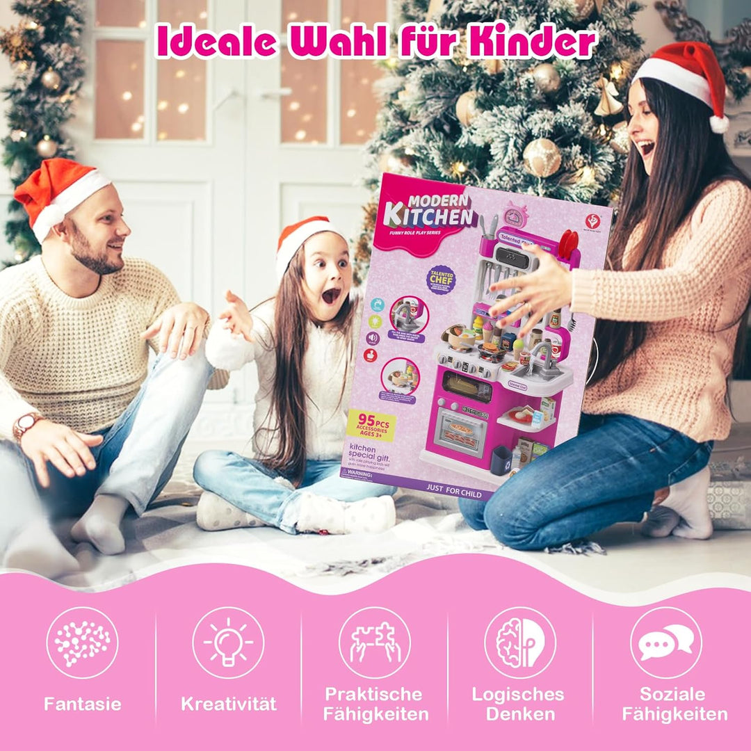 COSTWAY Kinderküche mit 95 Zubehör, Spielküche mit Licht, Sound & Dampf, Kinder Küche mit Kochherd,