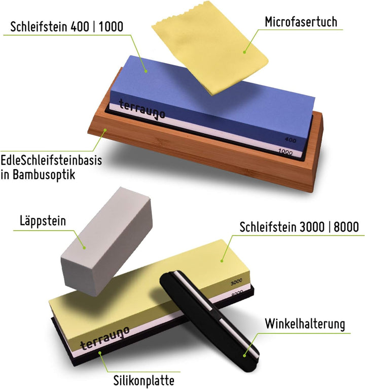 TerraUno Schleifstein 4 in 1 Set Körnung: 400/1000 & 3000/8000 – Wetzsteine zum Schärfen und Schleif