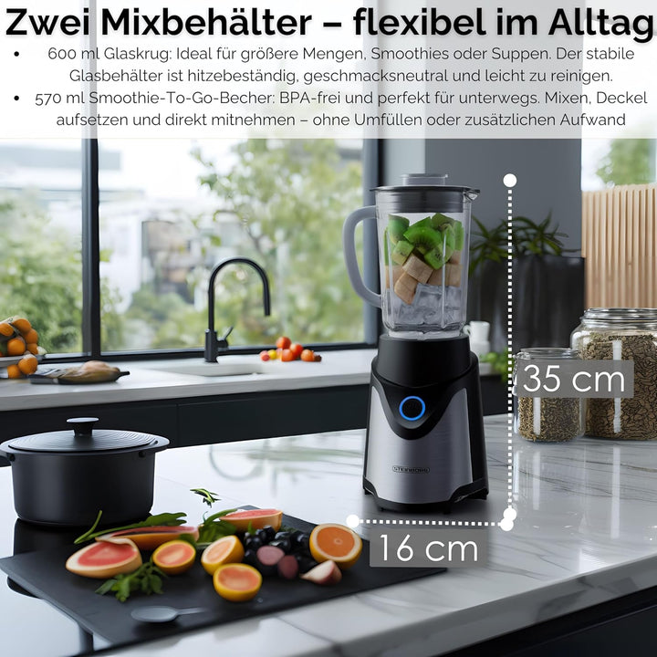 Steinborg® Standmixer mit To-Go Becher Mixer Smoothie Maker 500 Watt 600 ml Glaskrug + 570 ml To-Go