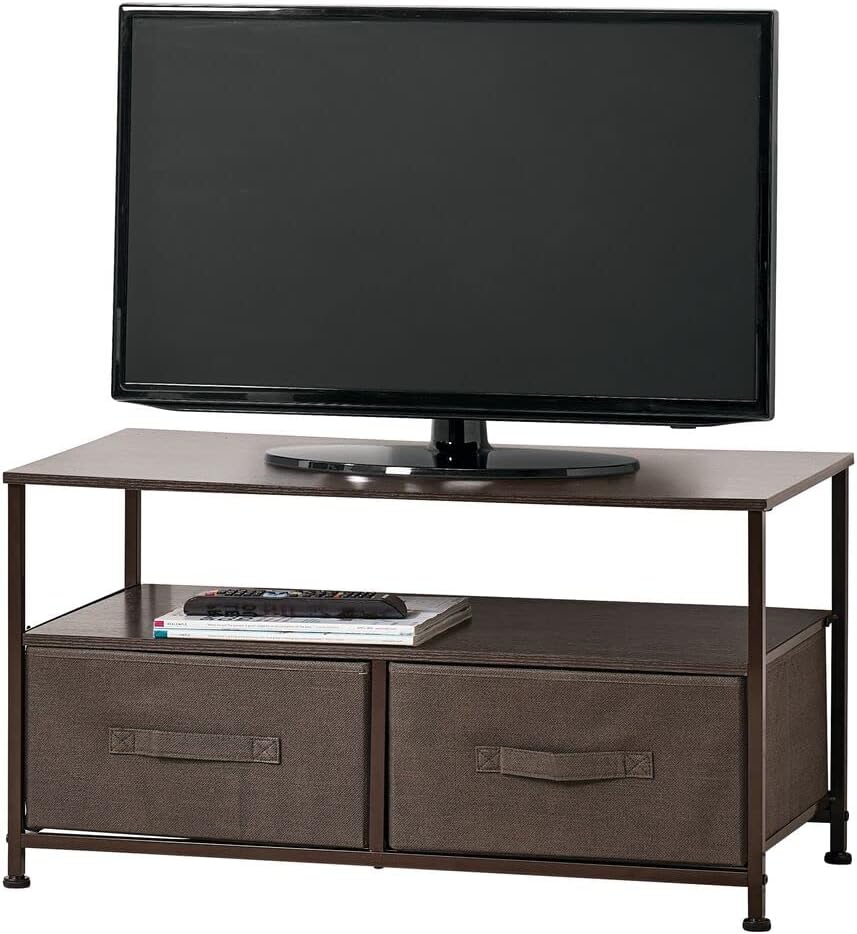mDesign TV Board mit Ordnungsboxen – schmaler Fernsehtisch mit Ablage und 2 Stoffkörben – modernes T
