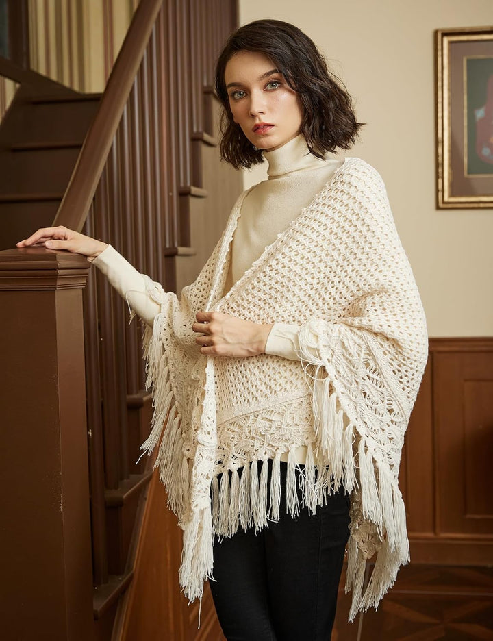 BEAUTELICATE Damen Gestricker Schal Stola Dreiecksschal Warm Hohl Stricken Cape Cardigan Elegantz Dr