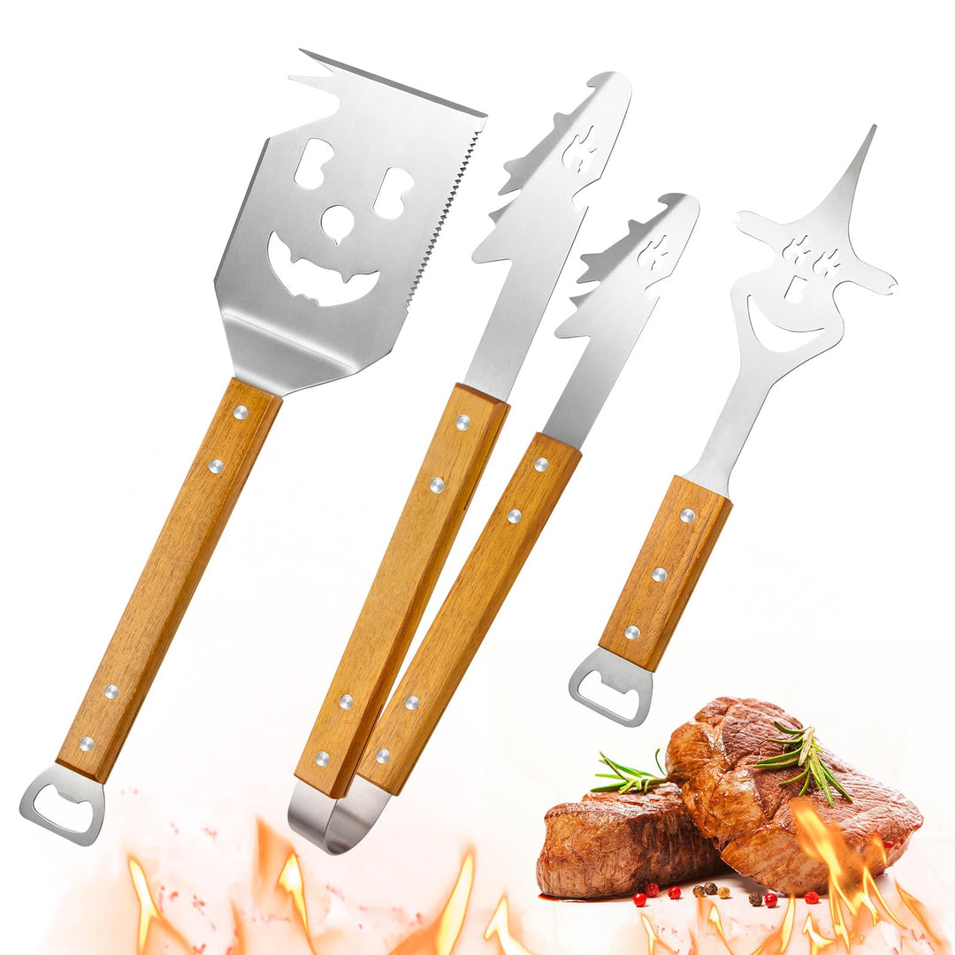 Grillbesteck Set Edelstahl 3-TLG, Grillzange mit Holzgriff Personalisierte, Fleischgabel und Grillwe