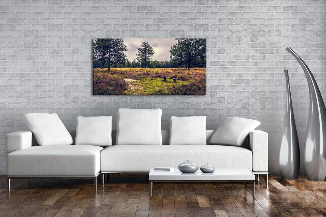 einsame Bank im Wald Panorama 60x30 cm als Leinwandbild, Motiv fertig gerahmt auf Echtholzrahmen, Ho