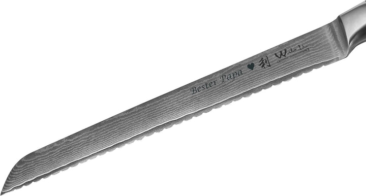 Wakoli EDIB Damast Brotmesser mit Gravur – Personalisiertes Brotmesser, 23cm Wellenschliff-Klinge au