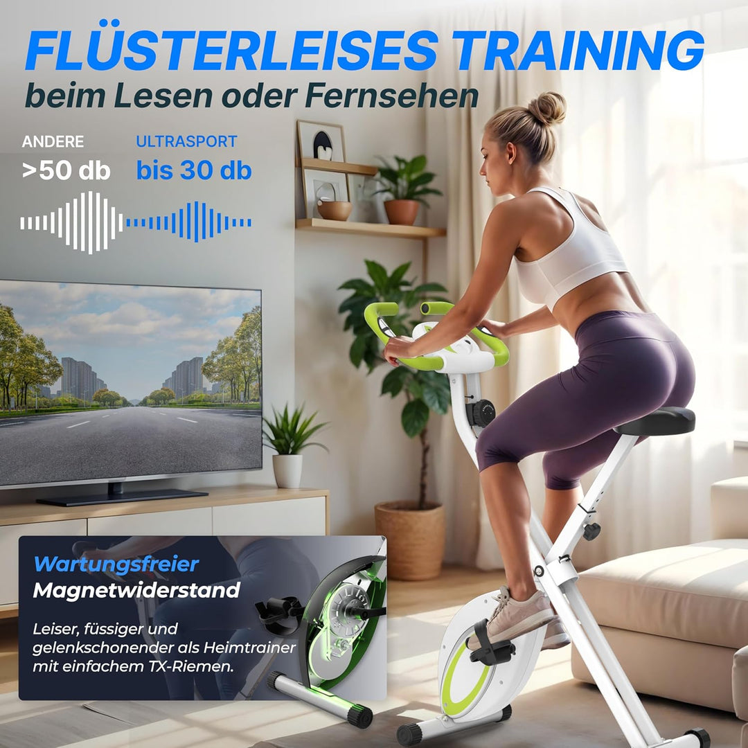 Ultrasport F-Bike, Fahrradtrainer, Heimtrainer, klappbarer Hometrainer, LCD Display, opt. Handpulsse
