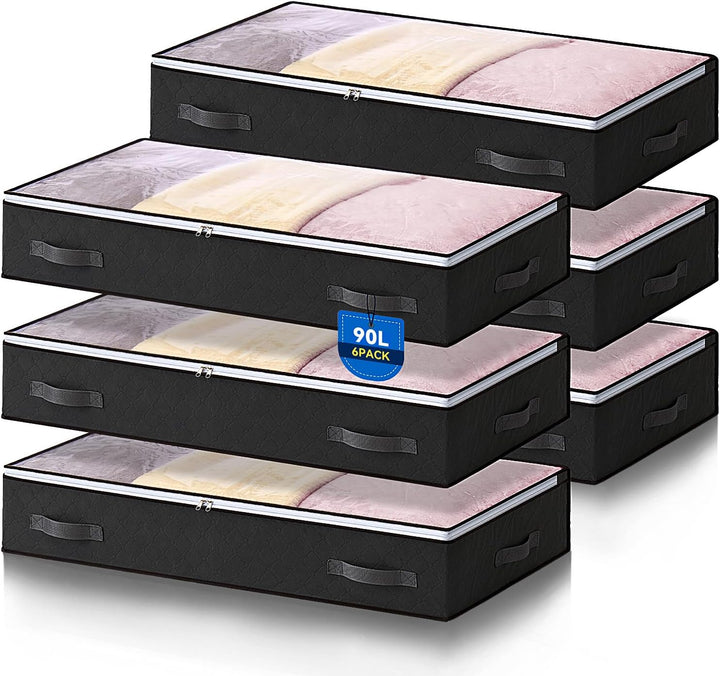 AIOR 6 Stück 90L Unterbettkommode mit Sichtfenster, Faltbare Unterbett-Aufbewahrungstasche Kleiderau