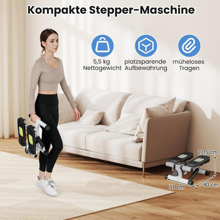 GYMAX Mini Stepper für Zuhause, Up-Down Stepper mit Power Ropes, LCD-Monitor & 5-stufige höhenverste