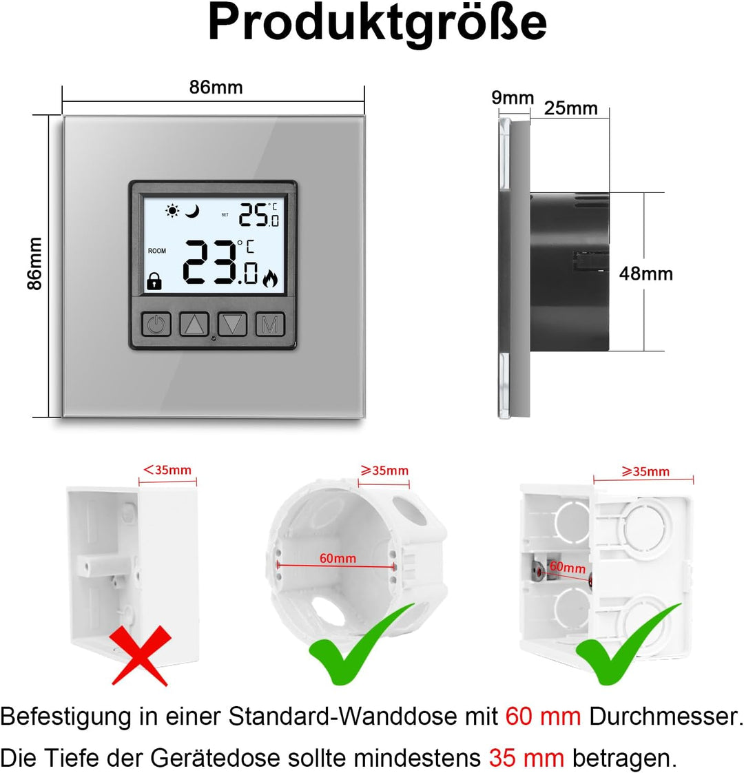 CNBINGO Digitales Thermostat Unterputz mit Kristallglas-Rahmen für Antriebssteuerung elektrische ode