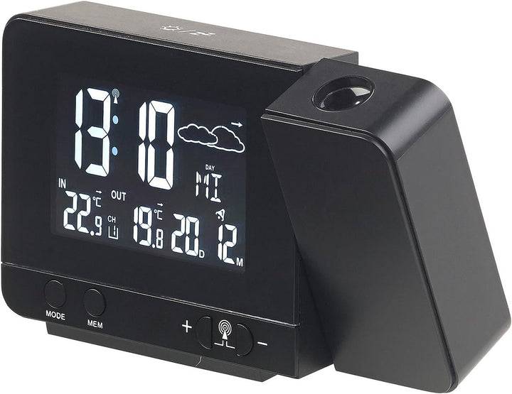 infactory Funk Projektionswecker: Funk-Wetterstation mit Projektions-Wecker, Aussensensor & USB, sch