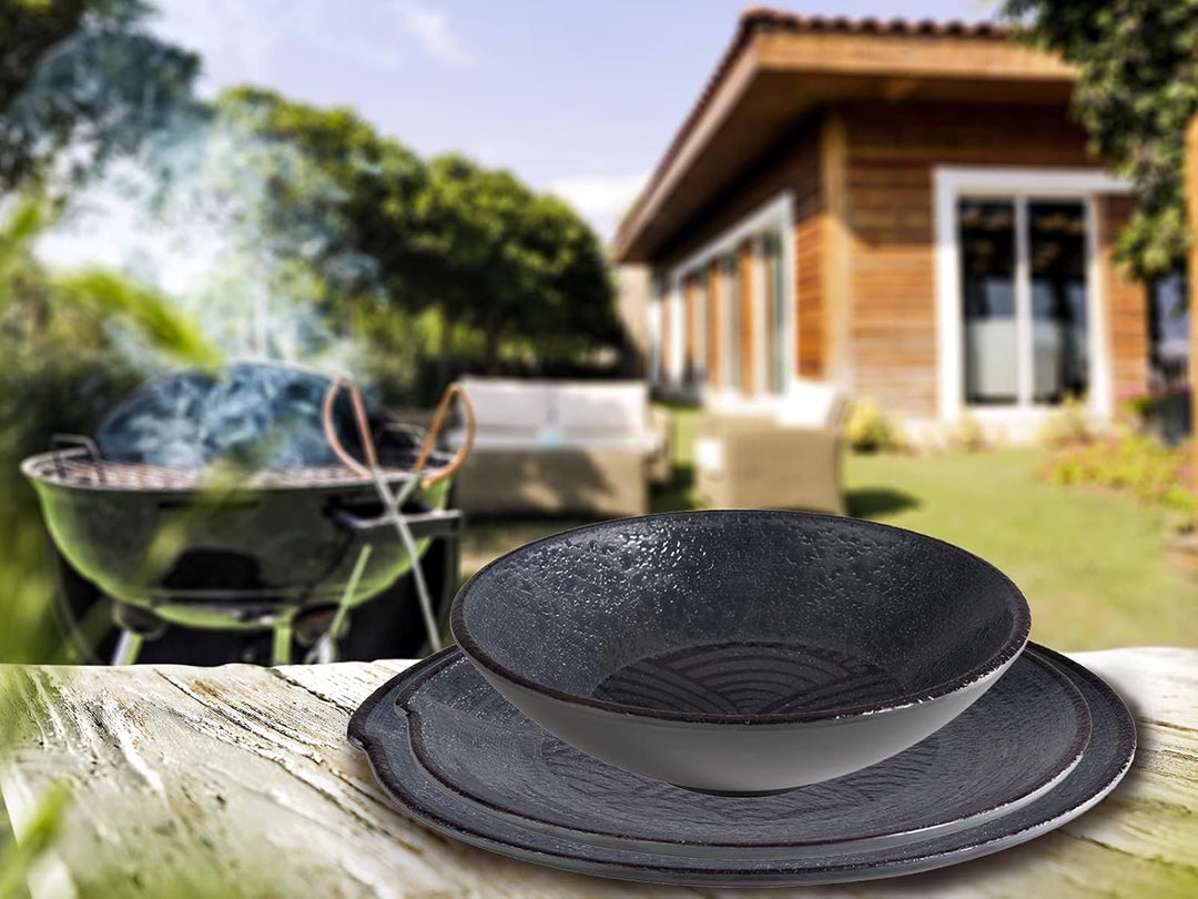 Melamin Ess-Geschirr Set für 4 Personen, Campinggeschirr schwarz mit Dekor Essgeschirr 4 Personen, E