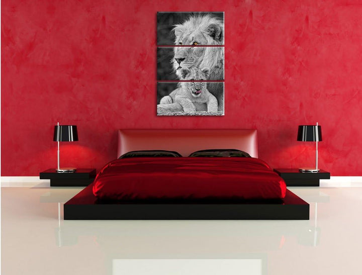 Pixxprint Löwe kuschelt mit Jungtier als Leinwandbild/Grösse: 3 Teilig (120x80) cm/Wandbild/Kunstdru