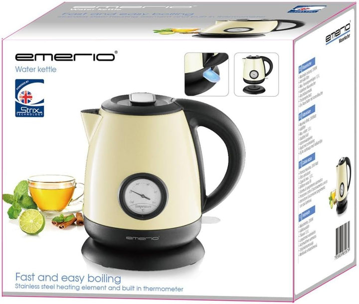 Emerio Wasserkocher aus Edelstahl, 1.0L Volumen, 2000 Watt, 360° Basis, Edelstahl Beige, Beige