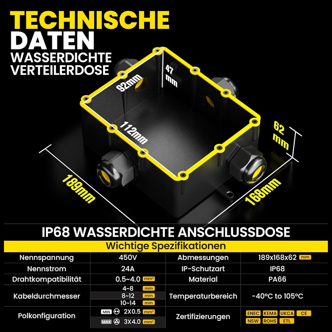 PEBA Abzweigdose IP68, Klemmkasten, Wasserdichte Kabelverbinder, Aufputz Verteilerdose Aussen Wasser