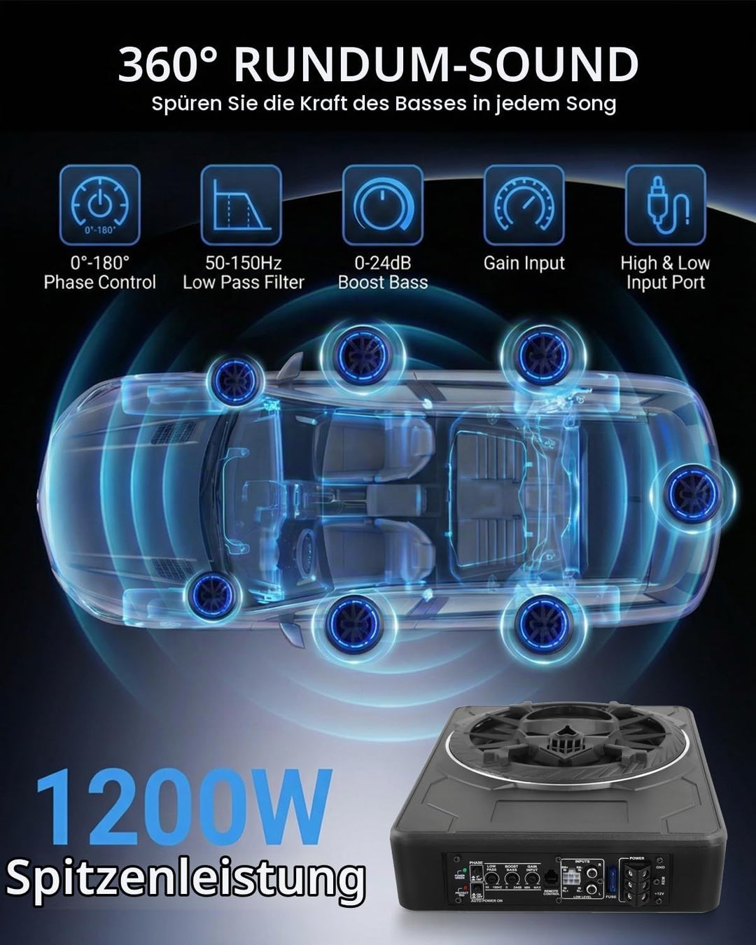 Aktiver Subwoofer für Auto, unter den Sitzen montierbar, maximale Leistung 1200W, 10 Zoll, integrier