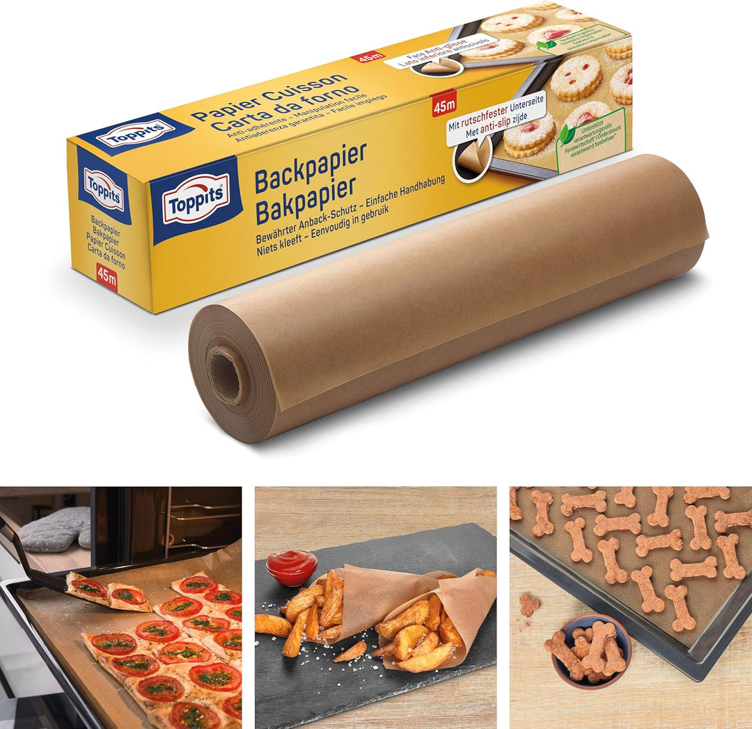 Toppits Backpapier - 1 x 45 m Rolle, Antihaft, mit Abreiss-Säge, Rutschfest, FSC zertifiziert, Ideal