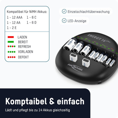 ANSMANN Energy 16 Plus Akku Ladegerät - Ladestation für AAA, AA, C, D, 9V E-Block & USB - Schnelllad