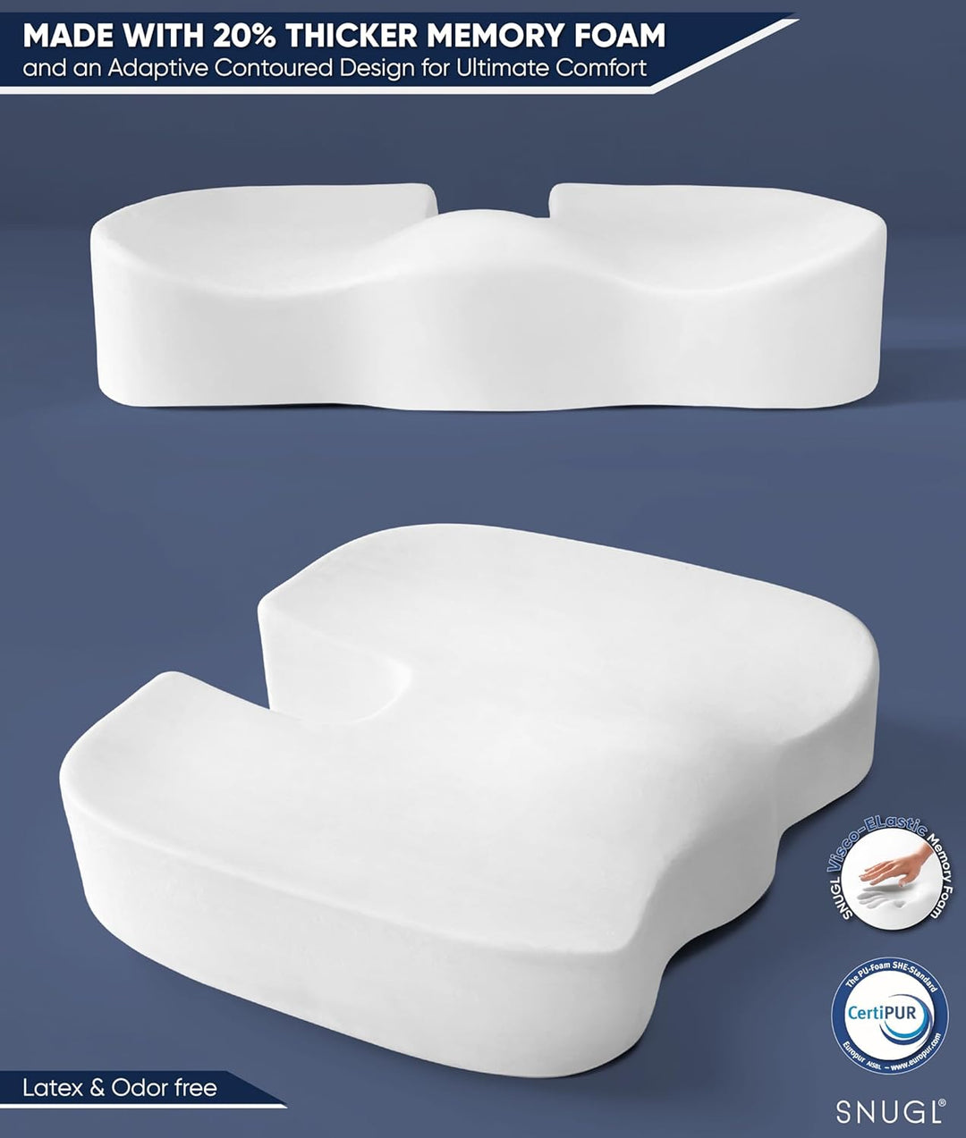 SNUGL Sitzkissen orthopädisch Memory Foam Steissbeinkissen | Stuhlkissen gegen Rückenschmerzen | Erg