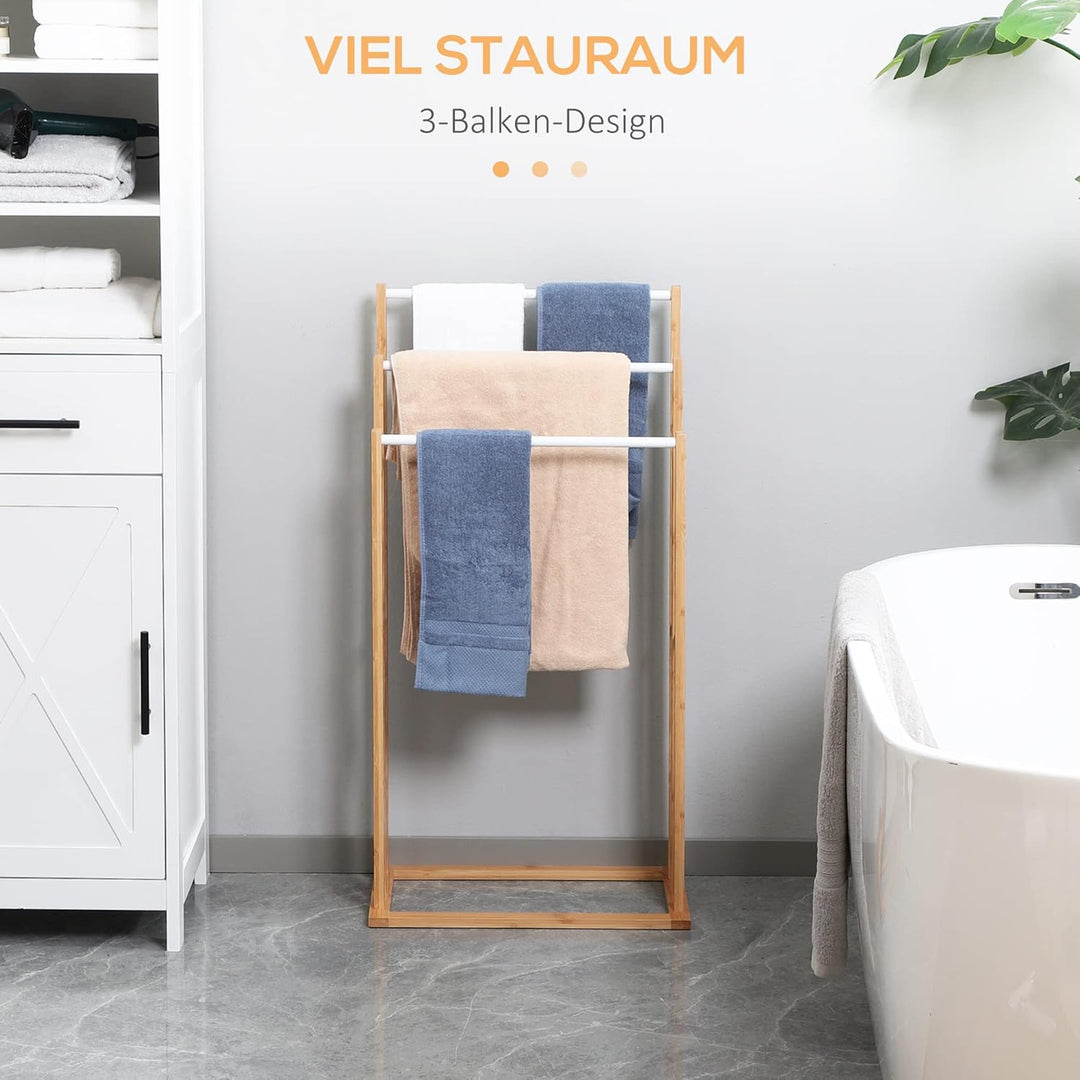 HOMCOM Handtuchhalter Stehend Handtuchständer mit 3 Stangen Handtuchleiter aus Bambus Badetuchhalter