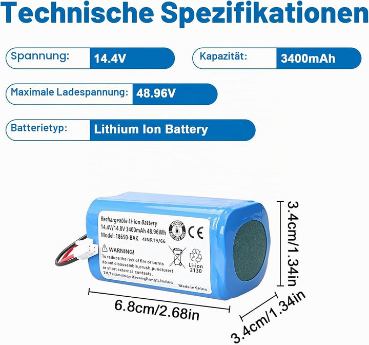 14,4 V 3400 mAh 48,96 Wh Li-Ionen-Ersatzakku, kompatibel mit Shark Ion Robot RV1001AE, R75, R85, S87