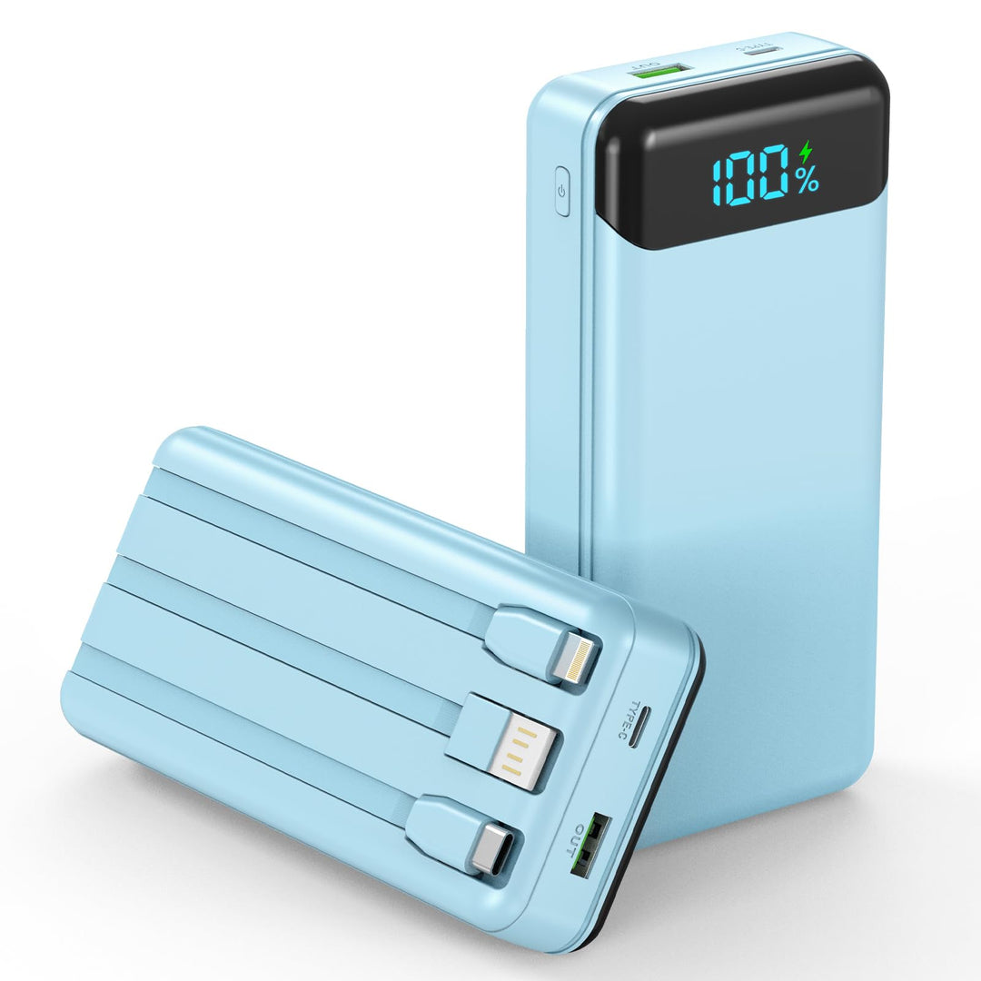 Enerwow Power Bank 27000mAh, Powerbank Schnellladen mit Integriertem USB-C Kabel, 4 Ausgänge &amp; 3 Ein