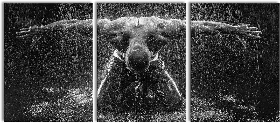 Pixxprint Bodybuilder im Regen als XXL Leinwandbild in Übergrösse 180x80cm Gesamtmass 3 teilig/Wandb