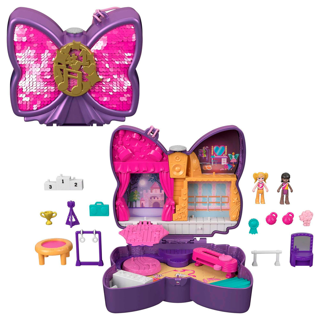 Polly Pocket HCG17 - Glitzerbühne, Tanzthema mit Micro Polly & Freundespuppen, 5 Überraschungen & 12