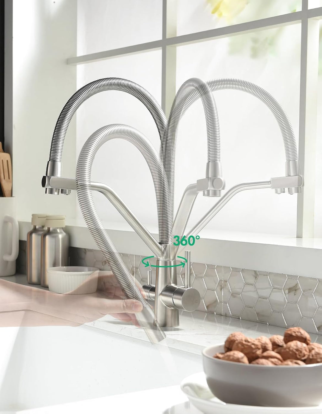 3 Wege Wasserhahn Küche,Küchenarmatur-360° Drehbar,mit 3 in 1 Wasserhahn für Wasserfilter,Spiralfede