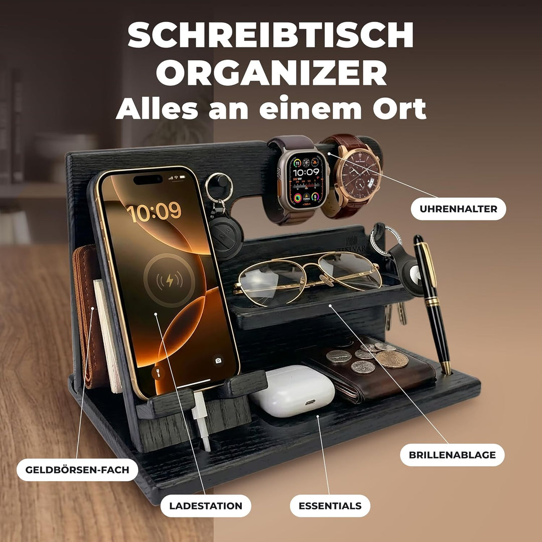 TESLYAR Männer Docking Station &amp; Schreibtisch Organizer Holz mit Handyständer Schwarz für Büro Aufbe
