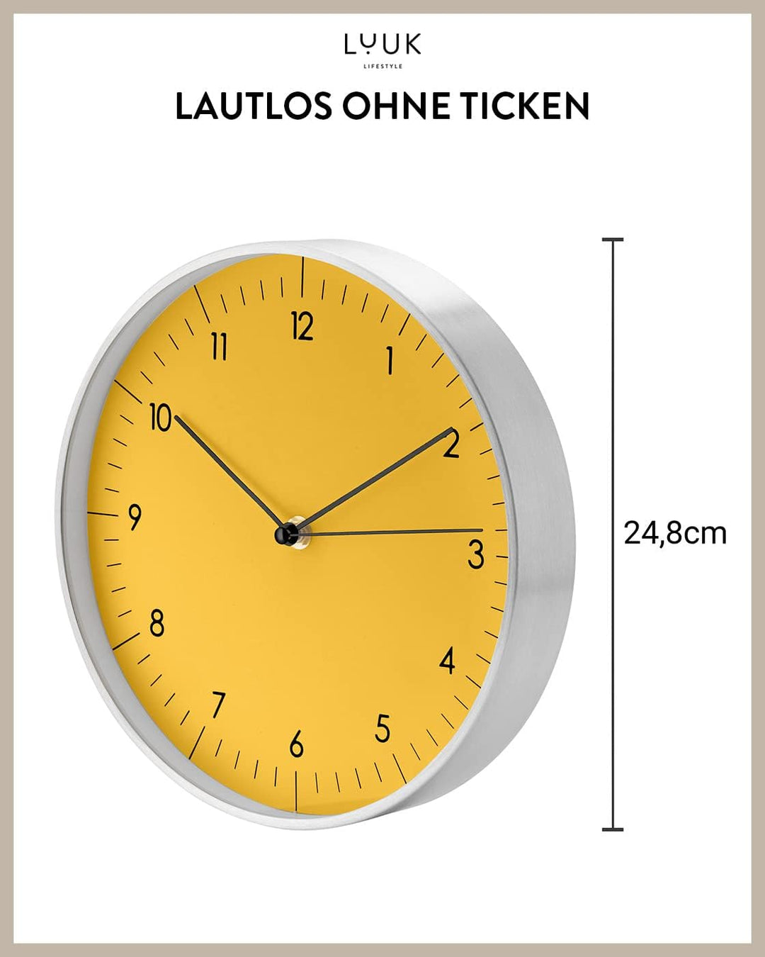 LUUK LIFESTYLE Moderne Quarz Wanduhr, Geräuschlos, 24,8cm, Gelb &amp; Silber | lesbare arabische Ziffern