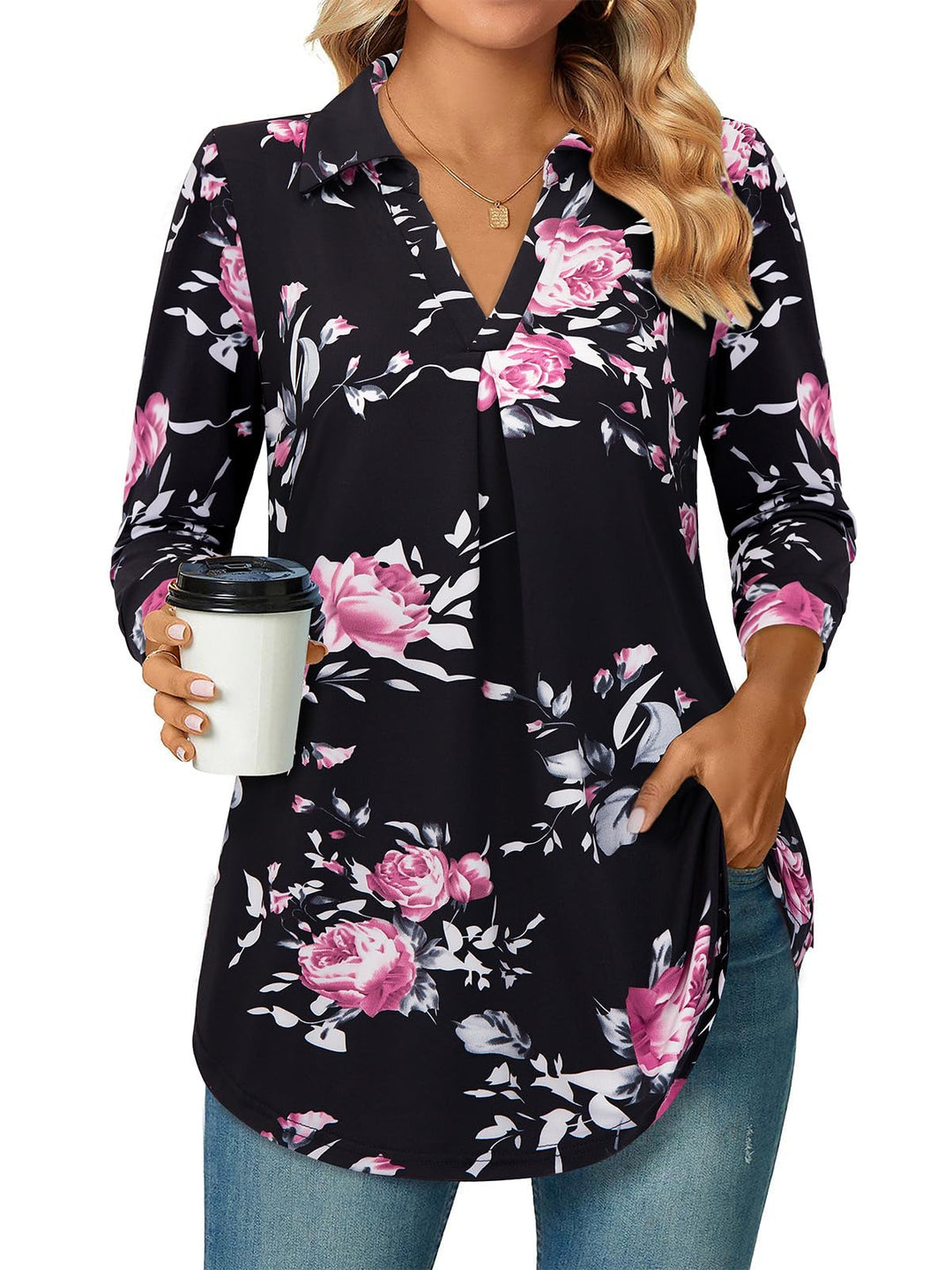 Siddhe Damen V-Ausschnitt Bluse 3/4 Ärmel Oberteile Tunika Tops Locker Longshirt Lässige T-Shirt Lan