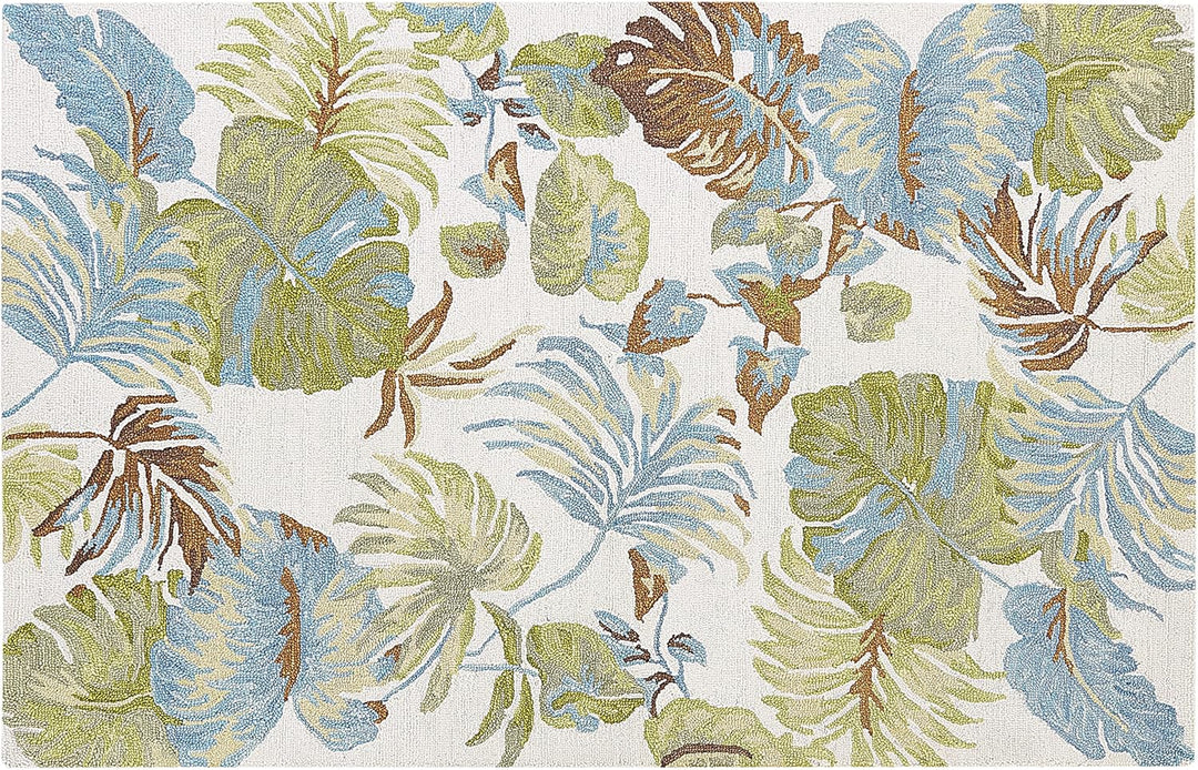 Teppich Wolle bunt Blattmuster 140 x 200 cm handgetuftet Boho Rustikal Kinik